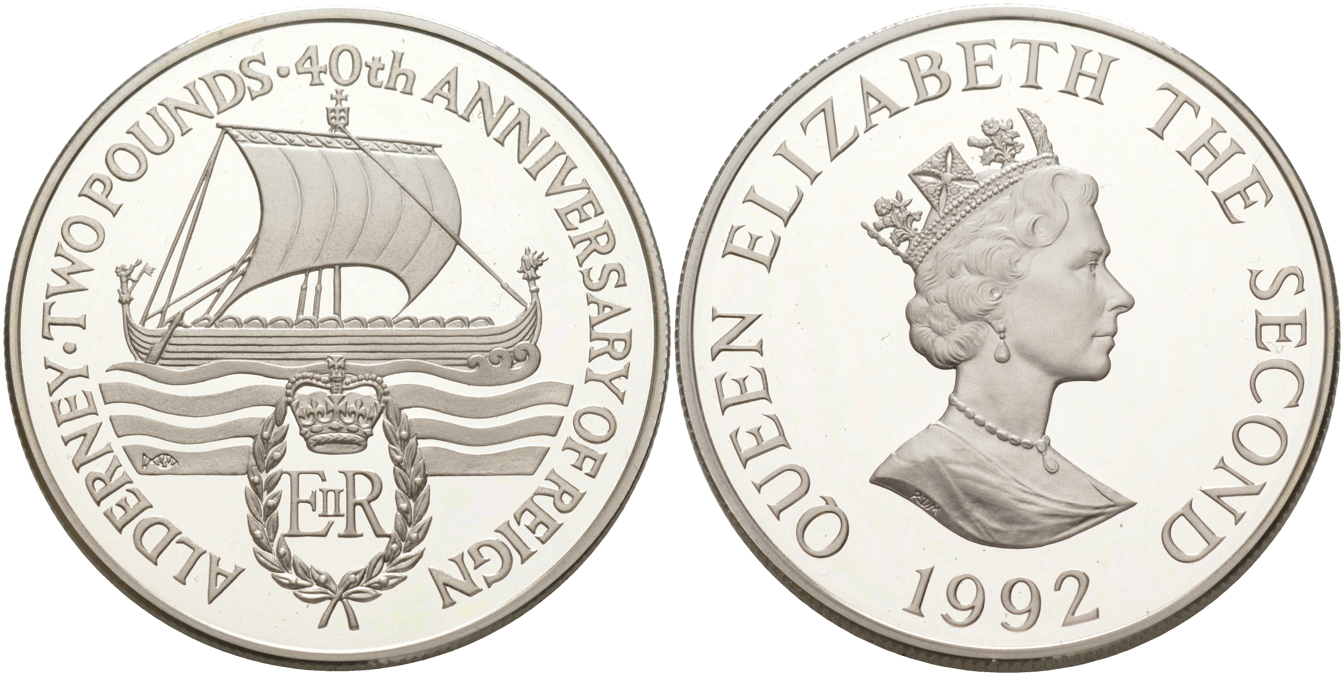 ОЛДЕРНИ 2 ФУНТА 1992 40 ЛЕТ ПРАВЛЕНИЯ ЕЛИЗАВЕТЫ II, КОРАБЛЬ ПОД ПАРУСОМ KM 3а серебро PROOF 1074-4-12