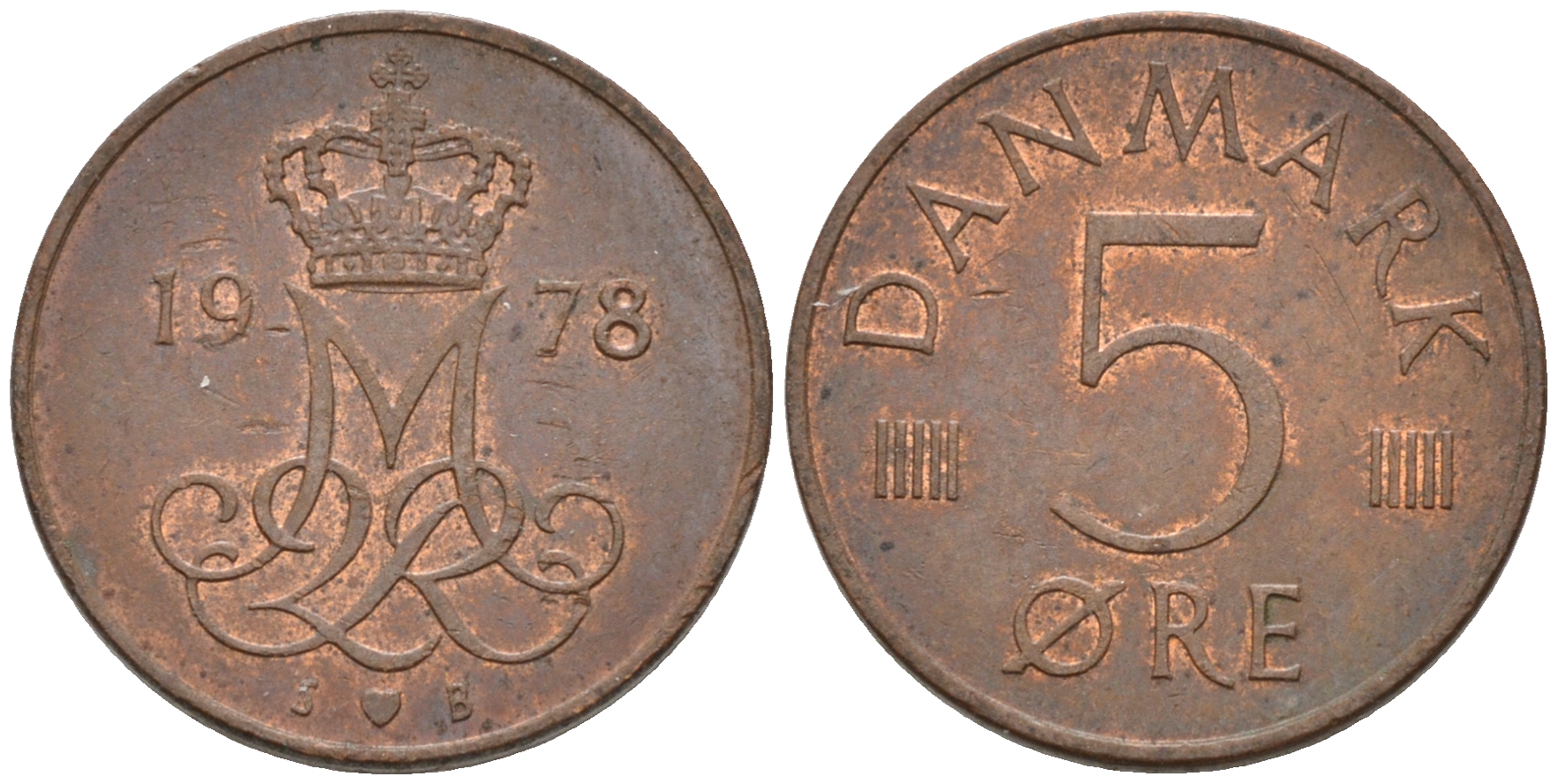 ДАНИЯ 5 ЭРЕ 1978 S; B, МАРГРЕТЕ II (1972-) KM 859.1 железо плакированное медью 4564-1165