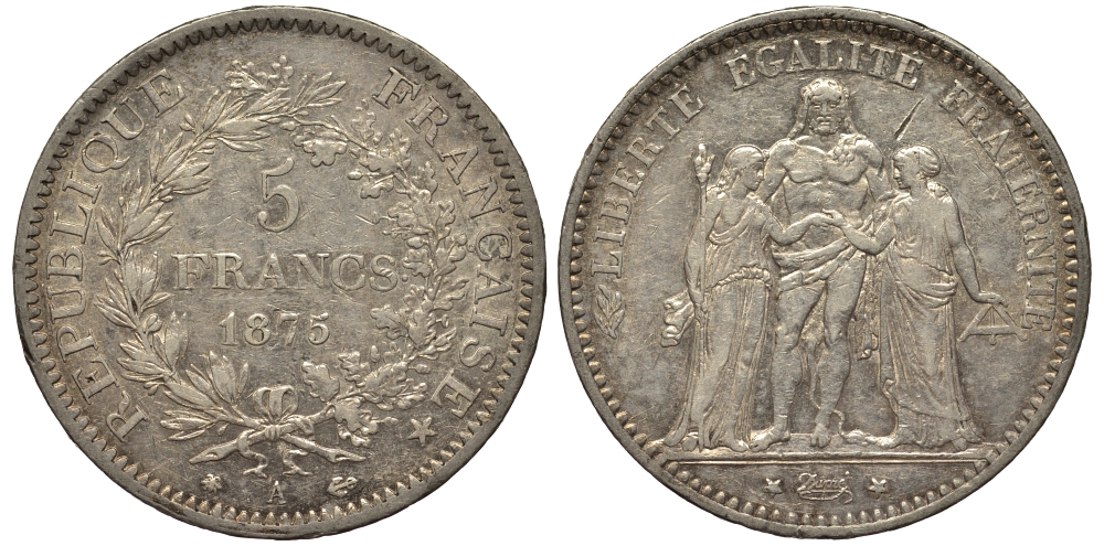 Франция 5 франков 1875 А, Геракл с богинями равенства и братства KM 820.1 серебро 413-3344