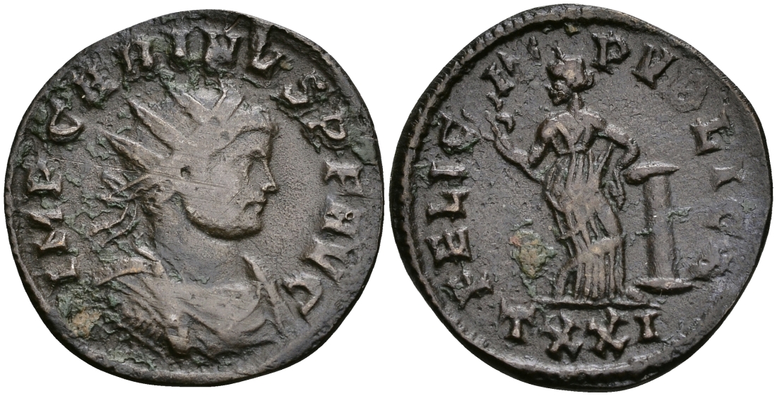 Римская Империя аврелианиан 283 Карин FELICIT PVBLIC Фелицитата, персонификация Счастья Тицин Good Very fine RIC 295 бронза 270-914