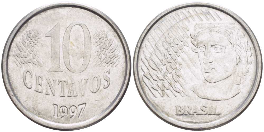Бразилия 10 сентаво 1997 голова свободы KM 633 нержавеющая сталь 60-752