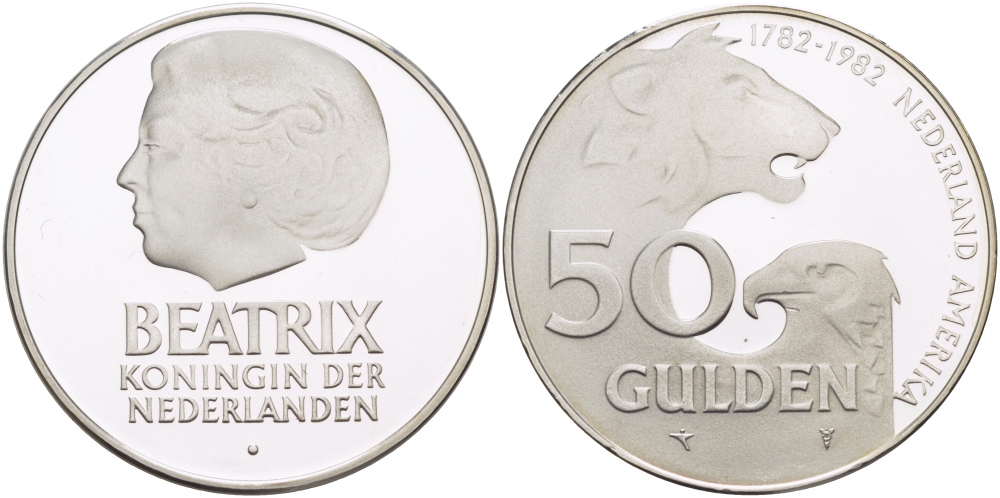 Нидерланды 50 гульденов 1982 голландско-американская дружба, королева Беатрикс KM 207 серебро PROOF 02-090-42