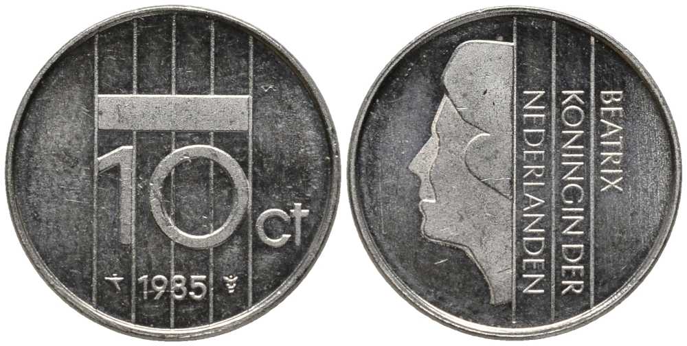 НИДЕРЛАНДЫ 10 ЦЕНТОВ 1985 БЕАТРИКС KM 203 никель 112-742