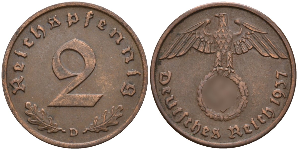 Германия 2 рейхспфеннига 1937 D KM 90, J. 362 бронза 4147-1255