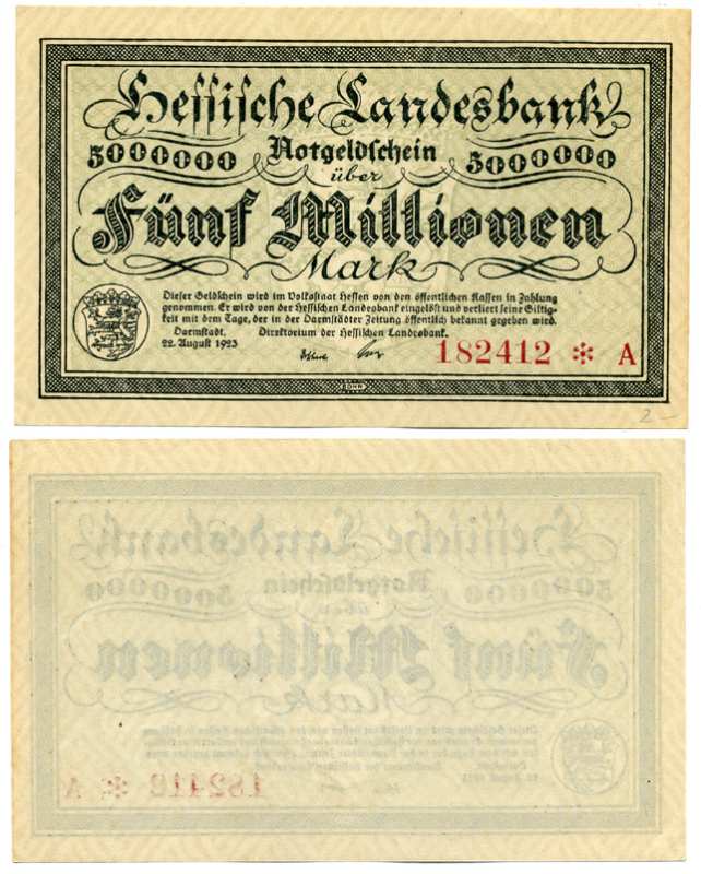 ДАРМШТАДТ, ГЕРМАНИЯ 5000000 МАРОК (5 МИЛЛИОНОВ МАРОК) 1923 22 АВГУСТА 1923, НОТГЕЛЬД, ЗЕМЛЯ ГЕССЕН, НОМЕР, СНЕЖИНКА, СЕРИЯ А, HESSESCHE LANDESBANK Keller 956b бумага аUNC 8613-24-1-2