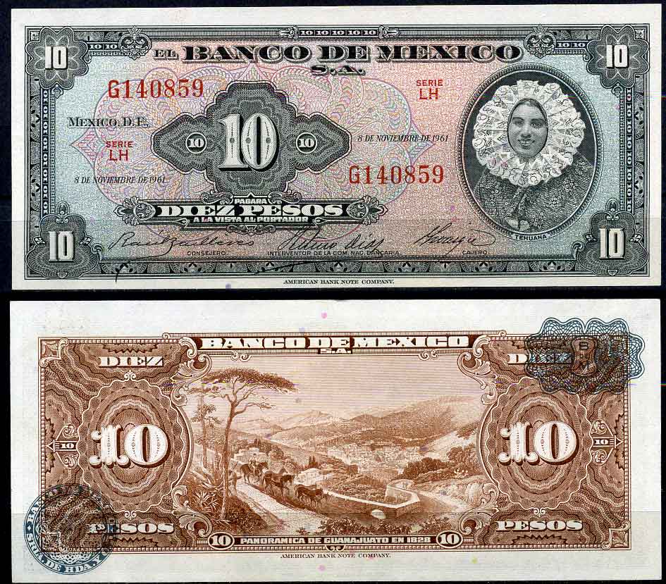 Мексика 10 песо 1961 25 января 1961, серия JT, портрет Эктор Луис де Веласкес, красная печать Pick 58h бумага UNC (пресс) 000-00-00