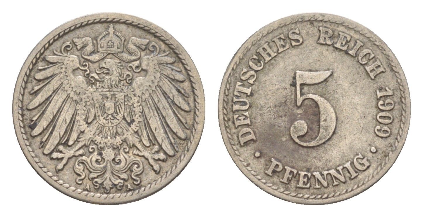 Германия 5 пфеннигов 1909 A, Вильгельм II (1888-1918) KM 11, J. 12 медно-никель 4640-129