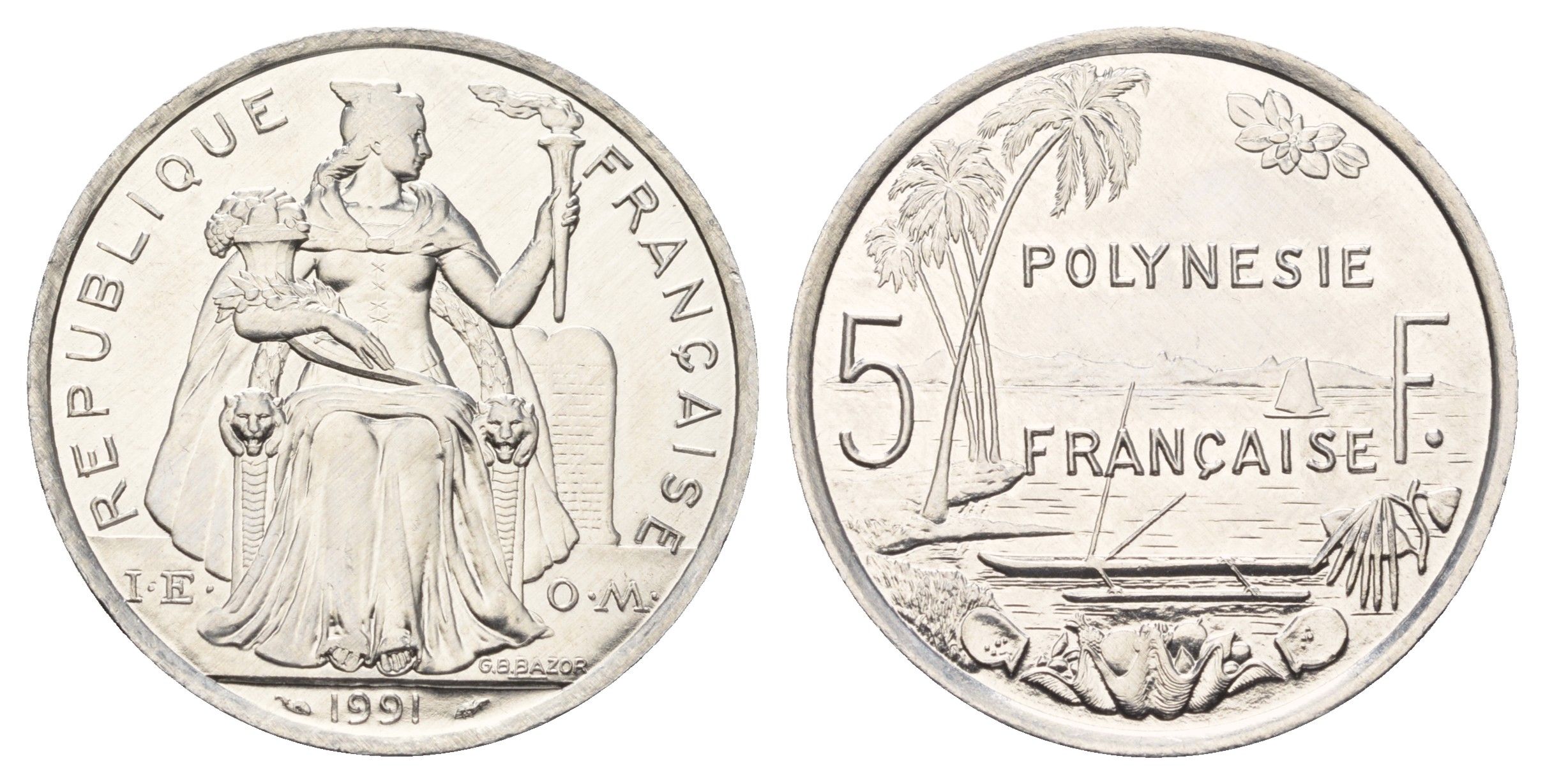 Французская Полинезия 5 франков 1991 KM 12 алюминий UNC 109-1125