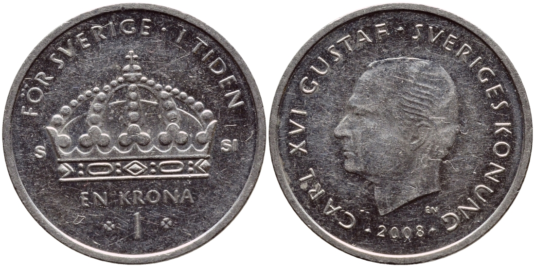 Швеция 1 крона 2008 Карл XVI Густав (1973- ) KM 894 медно-никель 63-1014