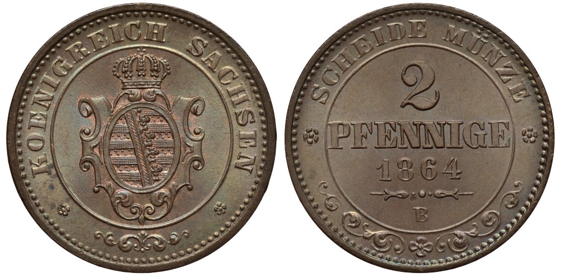 Саксония 2 пфеннига 1864 В, Иоганн (1854-1873) KM 1217, Jaeger 121, AKS 155 медь UNC 44-1223