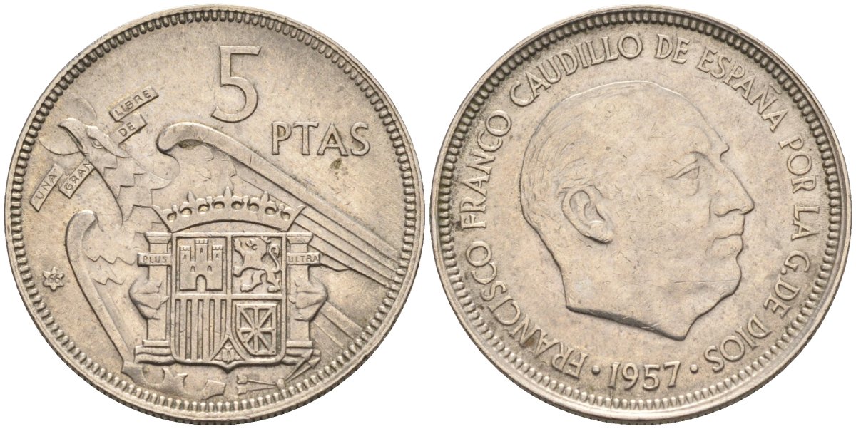 Испания 5 песет 1957(66) Франциско Франко (1939-1975) KM 786 медно-никель 4583-1146