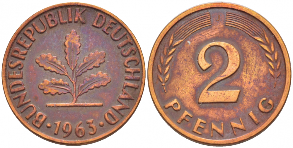 ФРГ 2 ПФЕННИГА 1963 J KM 106, J.381 бронза 4396-1555