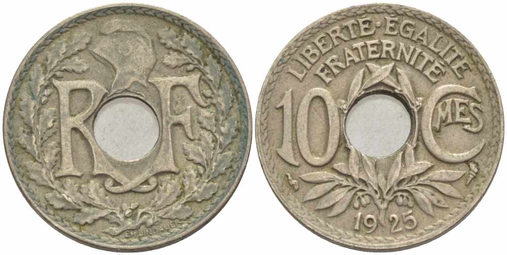 ФРАНЦИЯ 10 САНТИМОВ 1925 ТИП ЛИНДАЙЁ KM 866а, LE FRANC 138.12 медно-никель 108-147