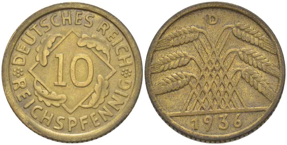 ГЕРМАНИЯ 10 РЕЙХСПФЕННИГОВ 1936 D KM 40, J. 317, Weege 9 алюминиевая бронза 210-433