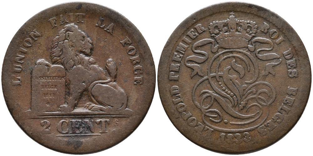 БЕЛЬГИЯ 2 САНТИМА 1833 BELGES KM 4.1 медь 95-716