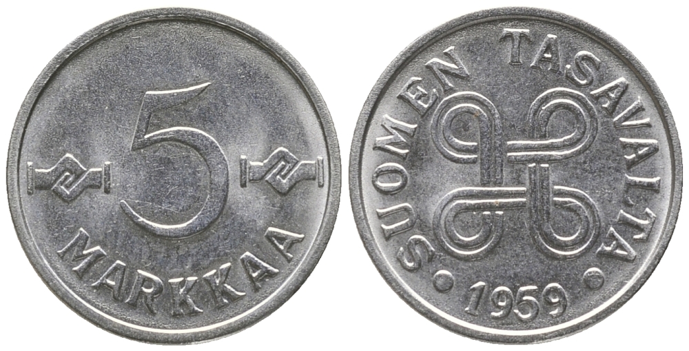 Финляндия 5 марок 1959 KM 37a никелированное железо 100-1011