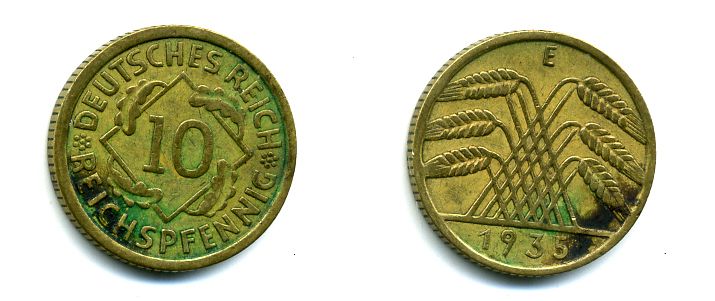 ГЕРМАНИЯ 10 РЕЙХСПФЕННИГОВ 1935 Е, KM 40, J. 317 алюминиевая бронза 56-1411