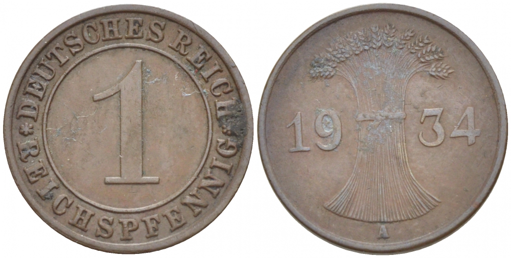 ГЕРМАНИЯ 1 РЕЙХСПФЕННИГ 1934 A KM 37, J 313 бронза 4532-529