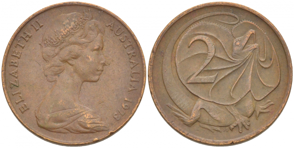 АВСТРАЛИЯ 2 ЦЕНТА 1973 ЕЛИЗАВЕТА II, МОЛОДОЙ ПОРТРЕТ, ПЛАЩЕНОСНАЯ ЯЩЕРИЦА (FRILLED LIZARD) KM 63 бронза 4539-944