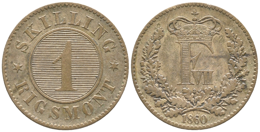 ДАНИЯ 1 СКИЛЛИНГ РИГСМОНТ 1860 ФРЕДЕРИК VII (1848-1863) KM 763 (С135) бронза 34-534