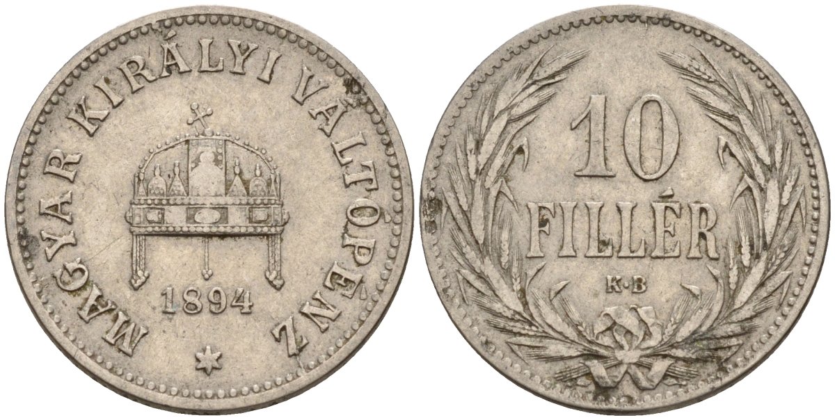 Венгрия 10 филлеров 1894 KB, Франц Иосиф I (1848-1916) KM 482 никель 4151-1064