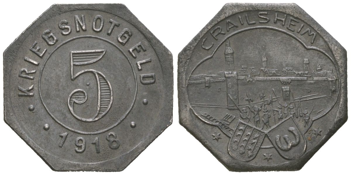 Крайльсхайм (Вюртемберг) 5 пфеннингов 1918 Funck 83.4, Men05 4675.1, Men18 5876.1 железо 4169-1049
