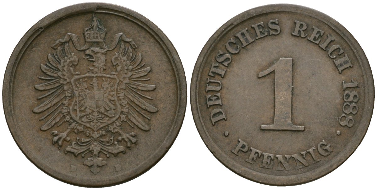 Германия 1 пфенниг 1888 D, Вильгельм I (1871-1888) KM 1, J. 1 медь 4387-954