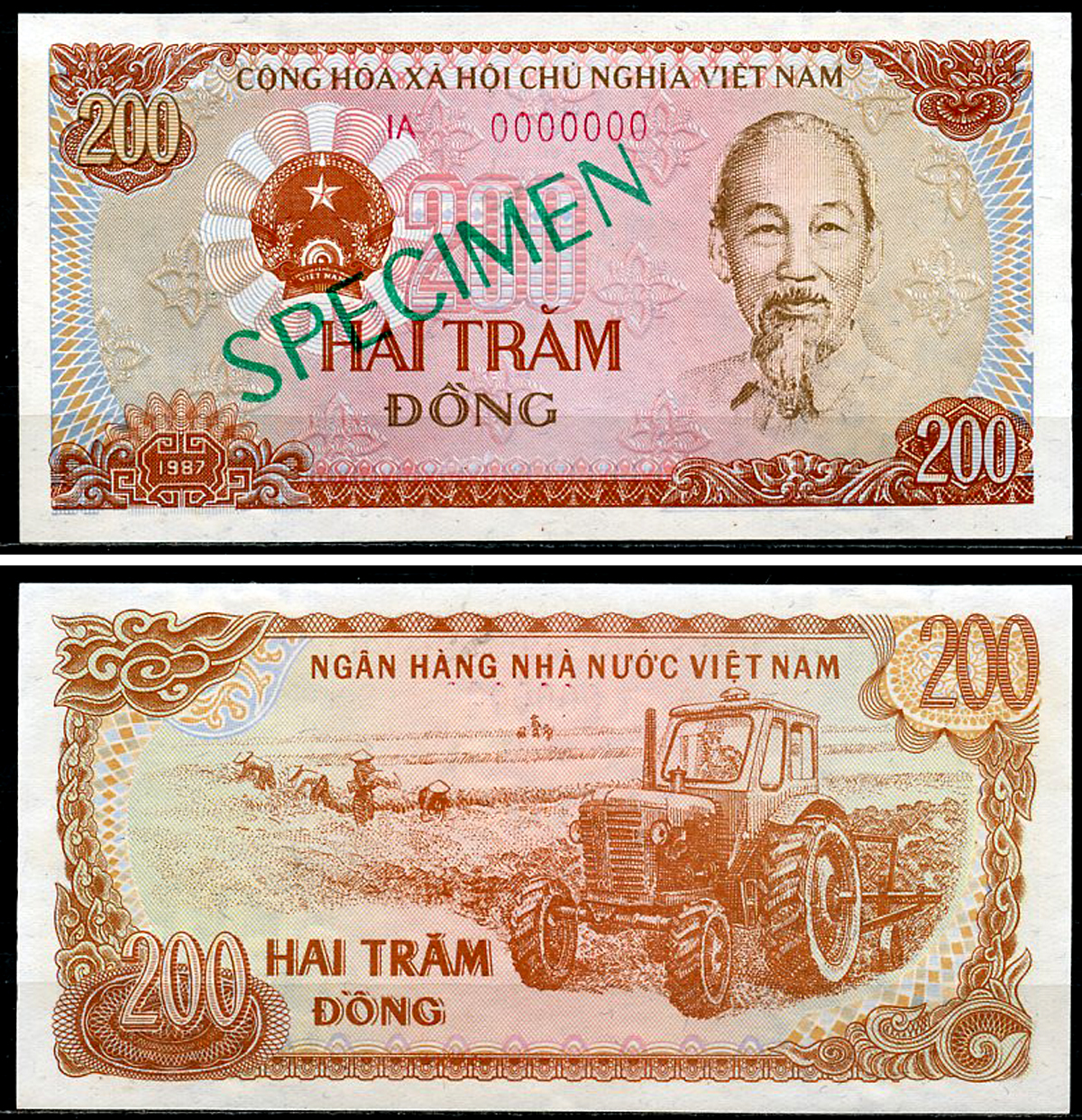 Вьетнам 200 донгов 1987 образец, Specimen, 0000000, Хо Ши Мин, трактор, большой шрифт, большое расстояние между серией и номером Pick 100 b s  бумага  UNC (пресс) 451-965-3