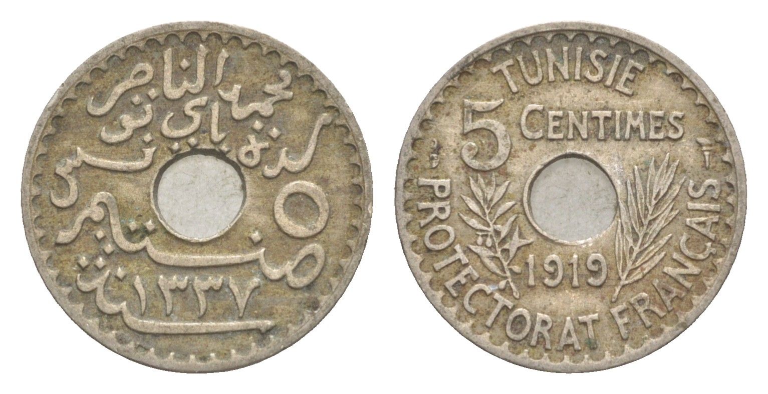 Тунис 5 сантимов 1919 A KM 242 никель латунь 4643-763