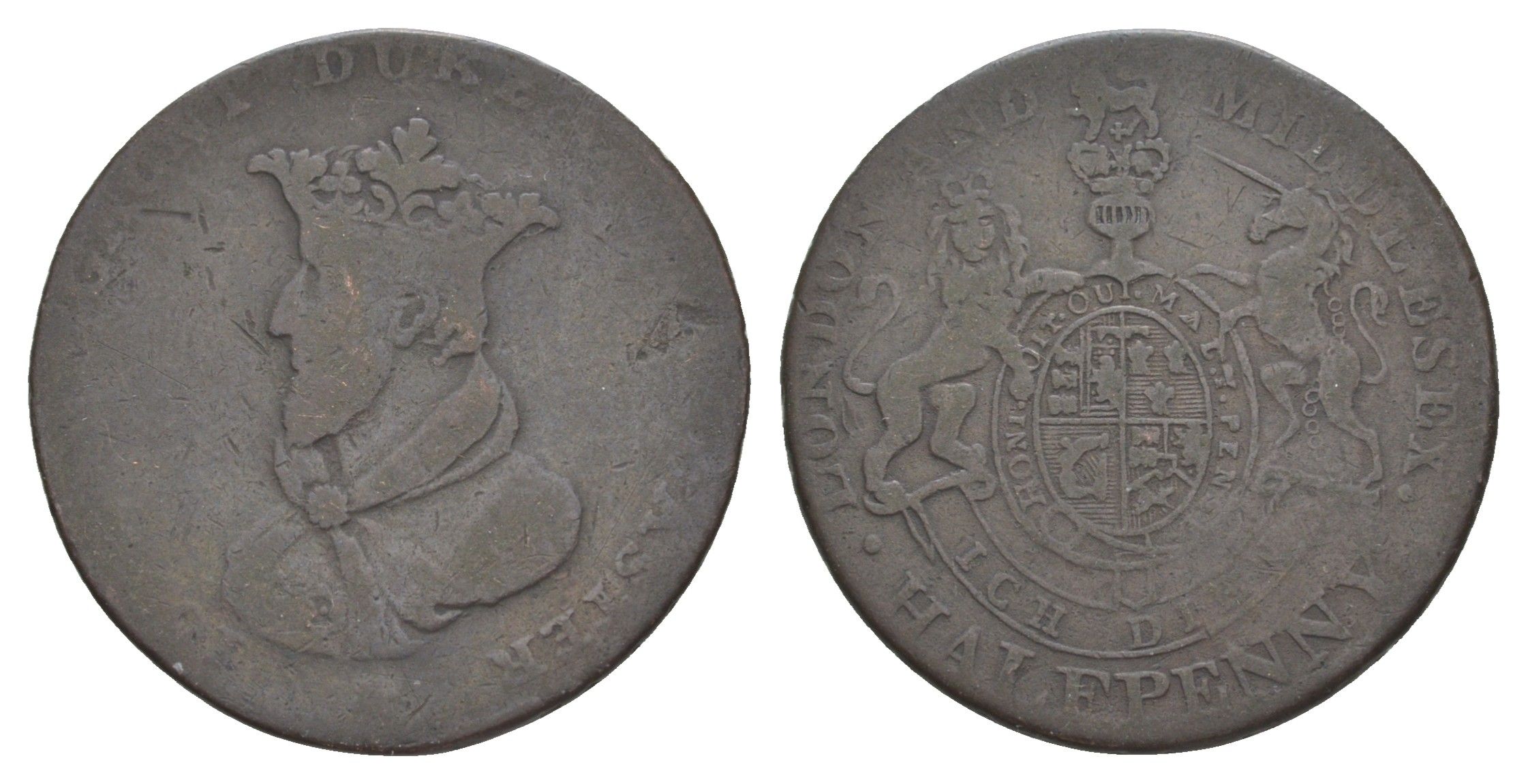 Великобритания, Лондон и Мидлсекс 1/2 пенни ND токен, национальная серия - Джон Гонт Dalton & Hamer 957 медь 1526-632