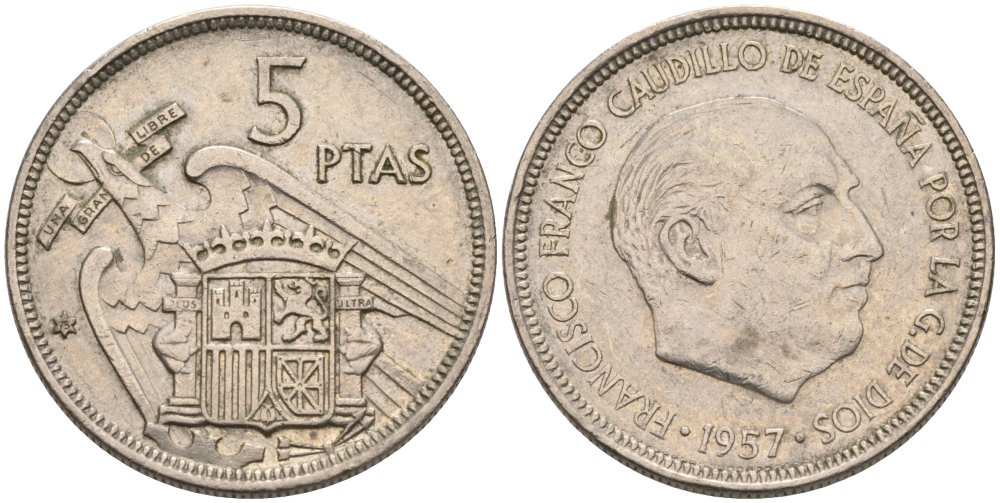 Испания 5 песет 1957 (75) Франсиско Франко (1939-1975) KM 786 медно-никель 4395-331