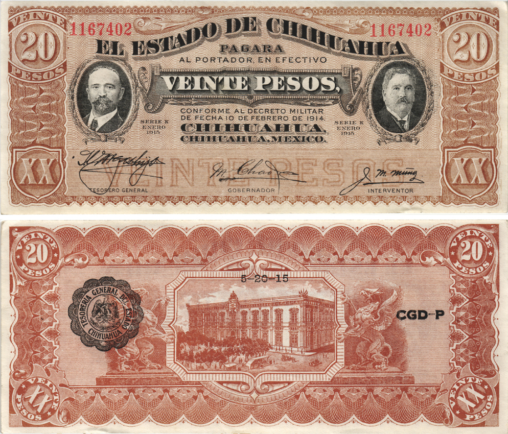 Мексика, Революция 20 песо 1915 штат Чиуауа, черная зубчатая печать, дата на обороте Pick S537b бумага aUNC 6283-8-1
