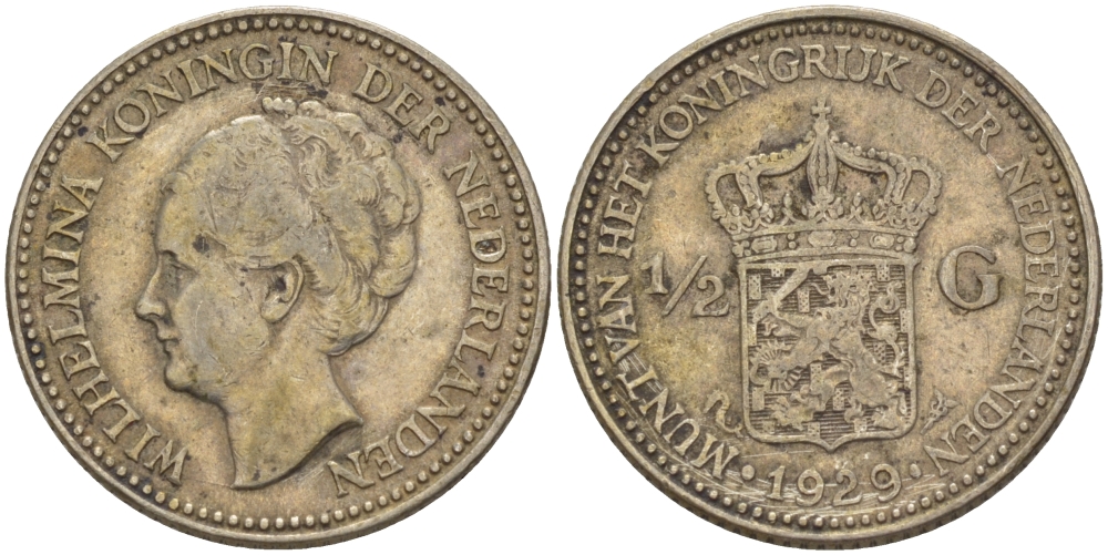 Нидерланды 1/2 гульдена 1929 Вильгельмина I (1890-1948) KM 160 серебро 31-815