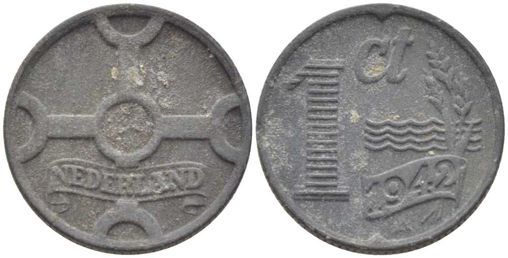НИДЕРЛАНДЫ 1 ЦЕНТ 1942 ВИЛЬГЕЛЬМИНА (1890-1948) KM 170 цинк 66-133
