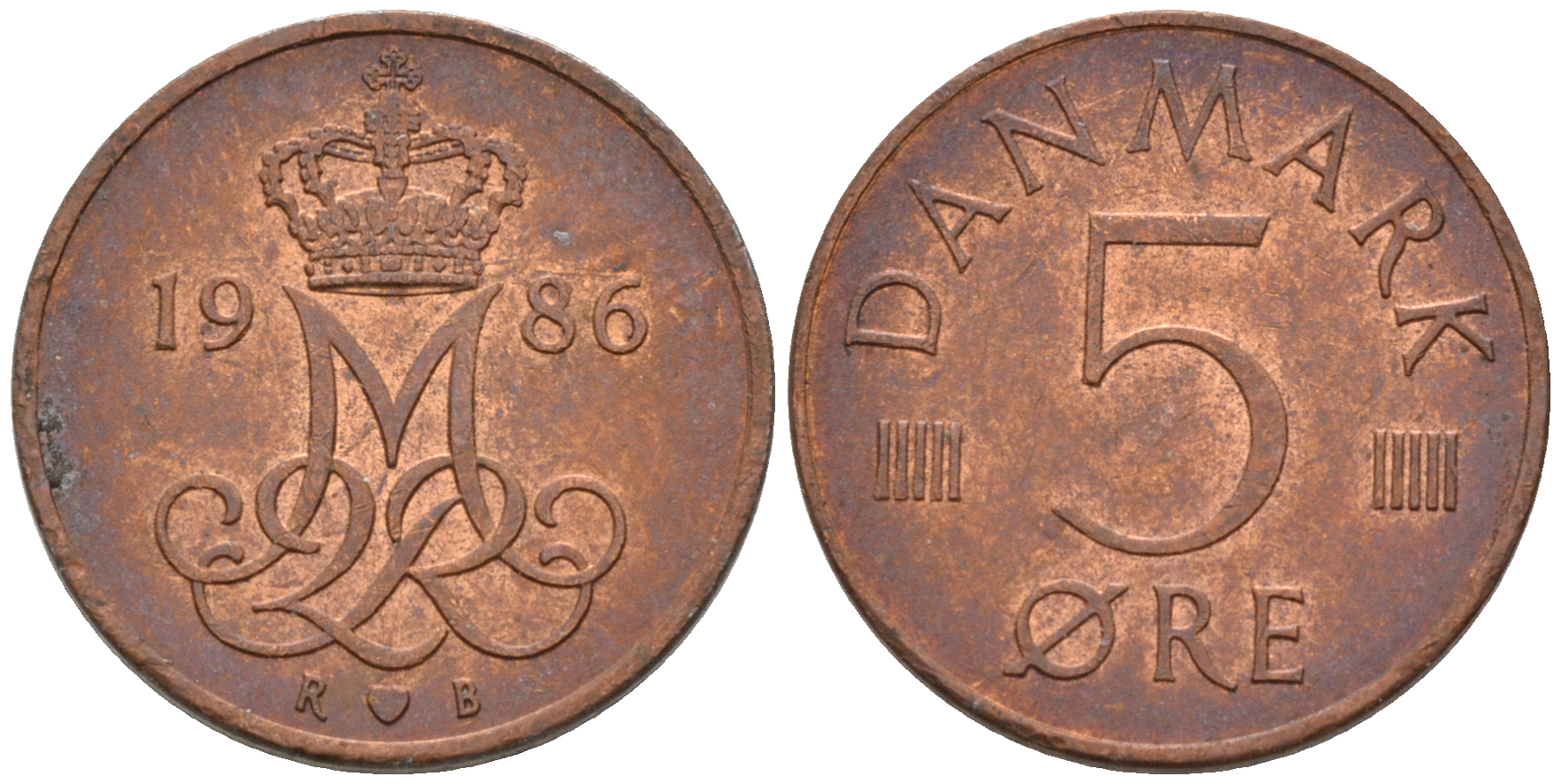 ДАНИЯ 5 ЭРЕ 1986 R; B, МАРГРЕТЕ II (1972-) KM 859.3 железо плакированное медью 4564-1211