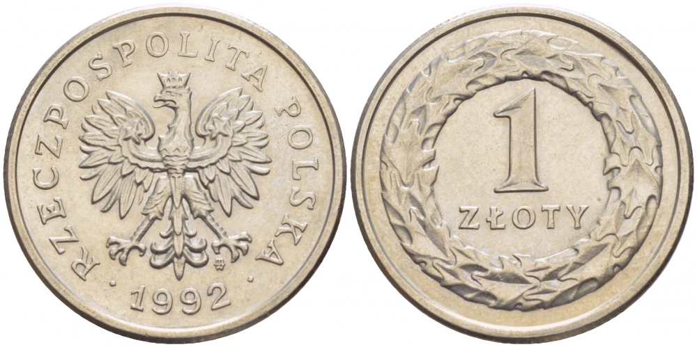 ПОЛЬША 1 ЗЛОТЫЙ 1992 MW KM 282 медно-никель UNC 4523-852