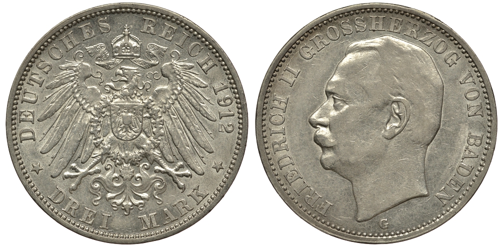 Баден 3 марки 1912 Фридрих II (1907-1918) J. 39, KM 280 серебро 413-4231