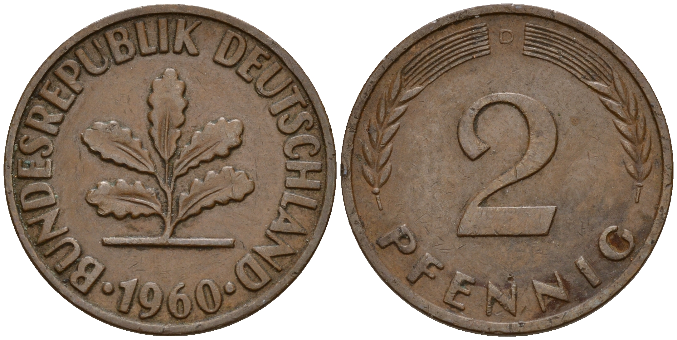 ФРГ 2 пфеннига 1960 D J.381  KM 106 бронза    4598-719