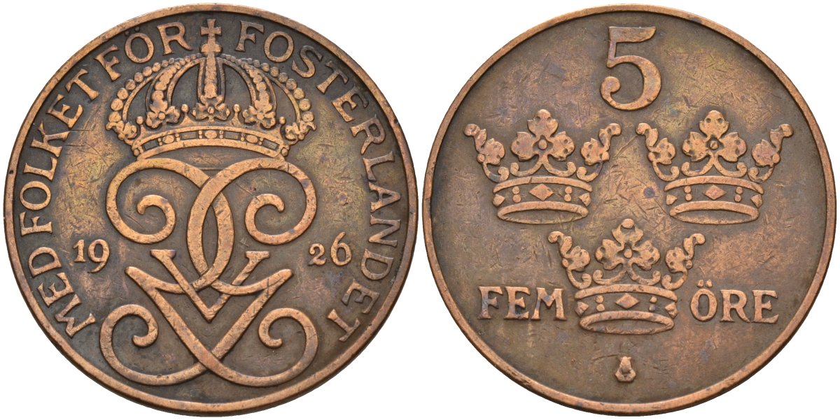 Швеция 5 эре 1926 Густав V (1907-1950) KM 779.2 бронза 4148-232