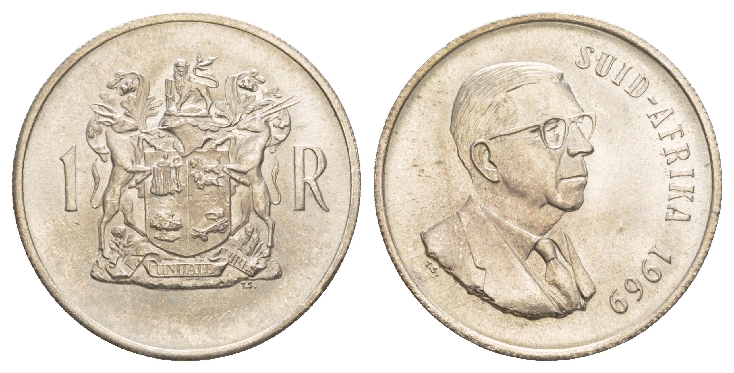 ЮАР 1 ранд 1969 Окончание президентства Теофилуса Дёнгеса, надпись на африкаанс - "SUID-AFRIKA" KM 80.2 серебро UNC 413-3744