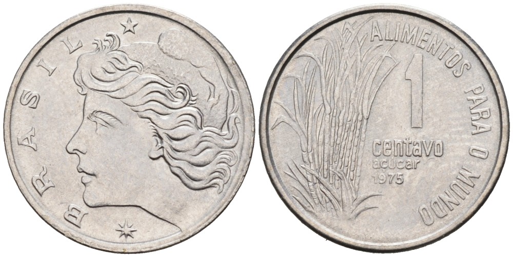 Бразилия 1 сентаво 1975 FAO, сахарный тростник KM 585 нержавеющая сталь 192-164