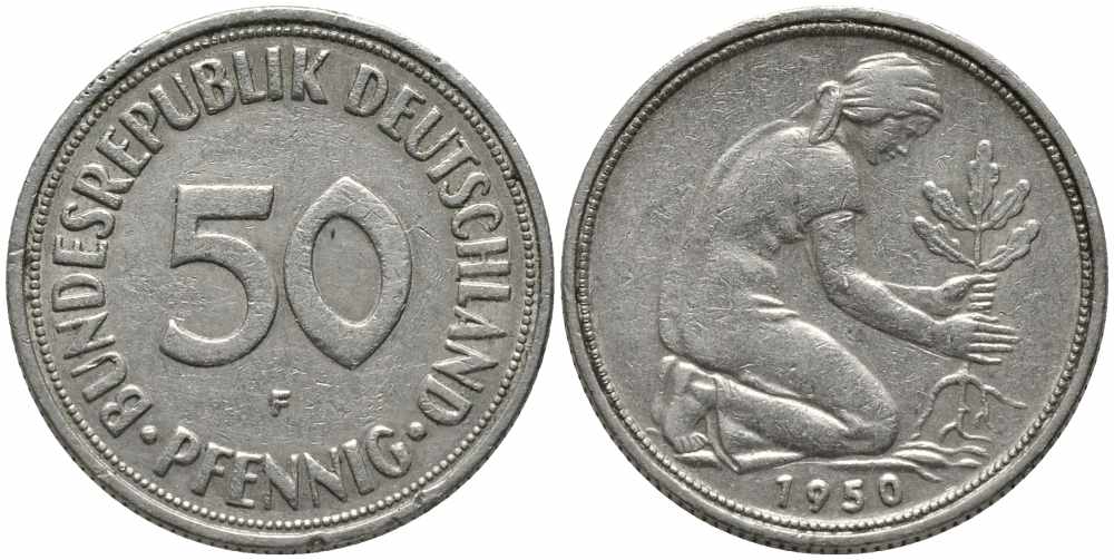ФРГ 50 ПФЕННИГОВ 1950 F KM 109.1, J. 384 медно-никель 112-153