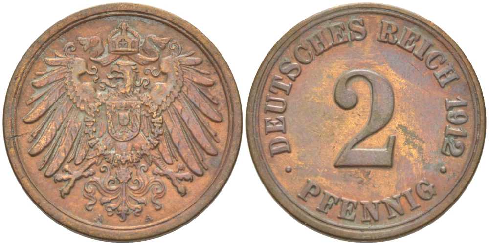Германия 2 пфеннига 1912 A KM 16, J. 11, Weege 4 медь 212-414