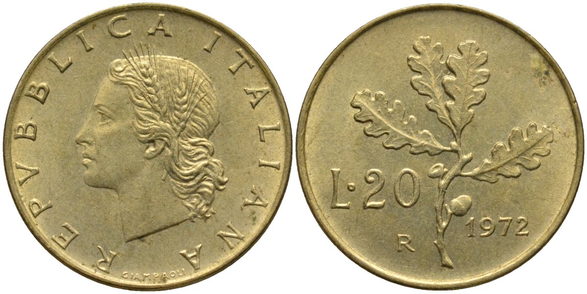 Италия 20 лир 1972 R, дубовая ветвь KM 97.2 алюминиевая бронза 4171-856