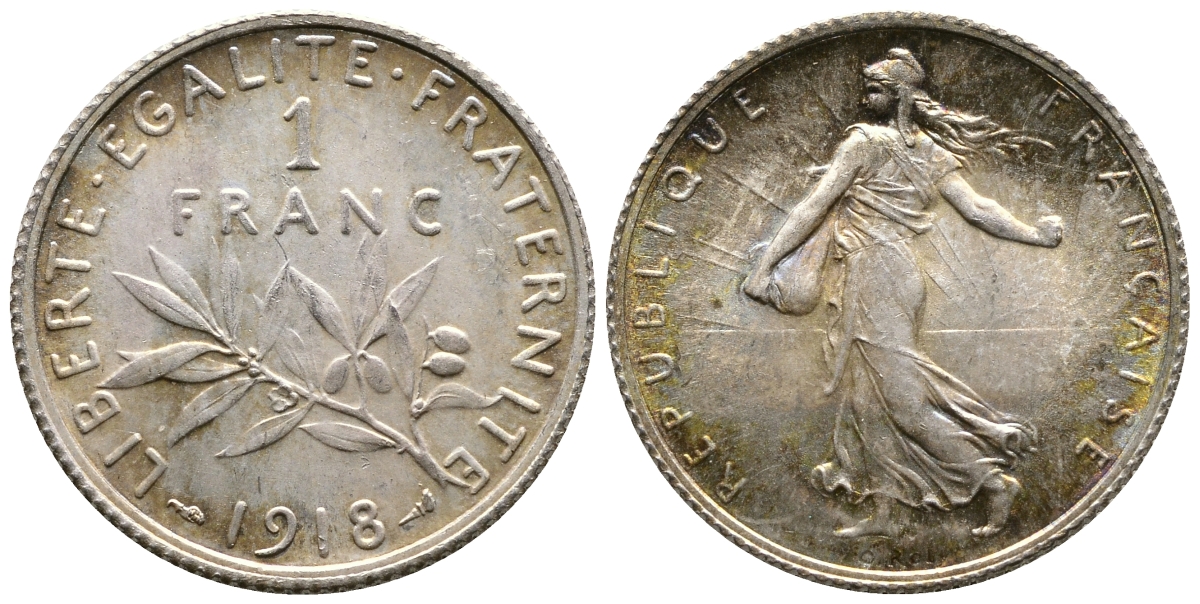 Франция 1 франк 1918 сеятель KM 844.1, Le Franc 217.24 серебро UNC 259-737