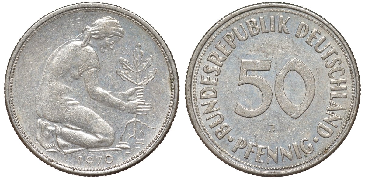 ФРГ 50 пфеннигов 1970 J KM 109, J. 384 медно-никель 4132-651