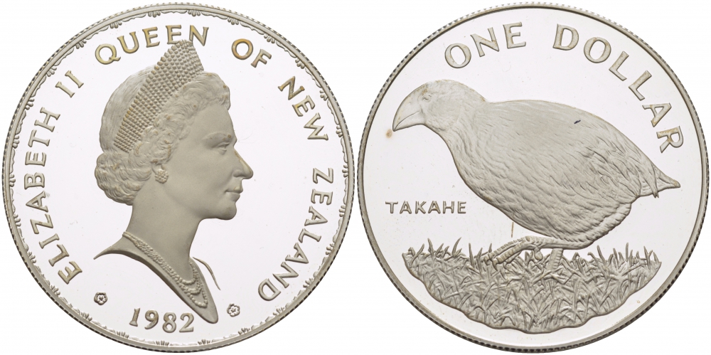 Новая Зеландия 1 доллар 1982 птица тукан, Елизавета II (1952-2022), тираж 35000 экземпляров KM 51а серебро PROOF 1081-9-54