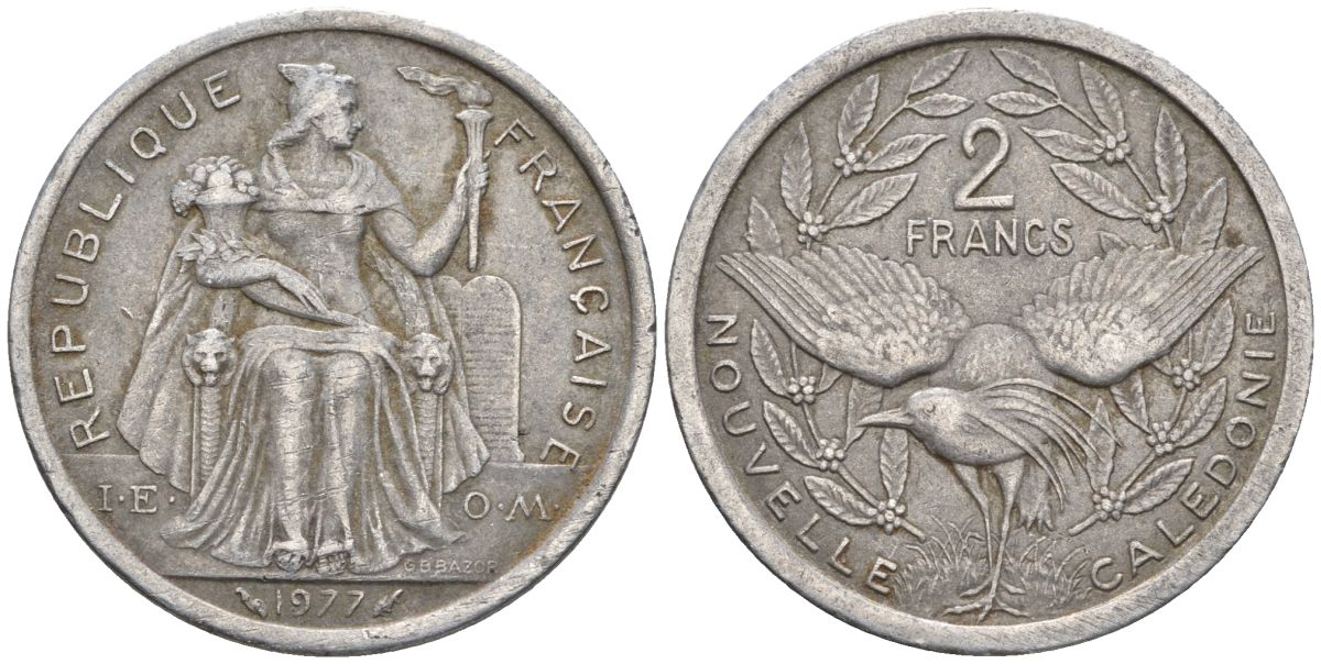 Французская Новая Каледония 2 франка 1977 птица кагу, (IEOM) KM 14, Schoen 11, Lec 58 алюминий    08-631
