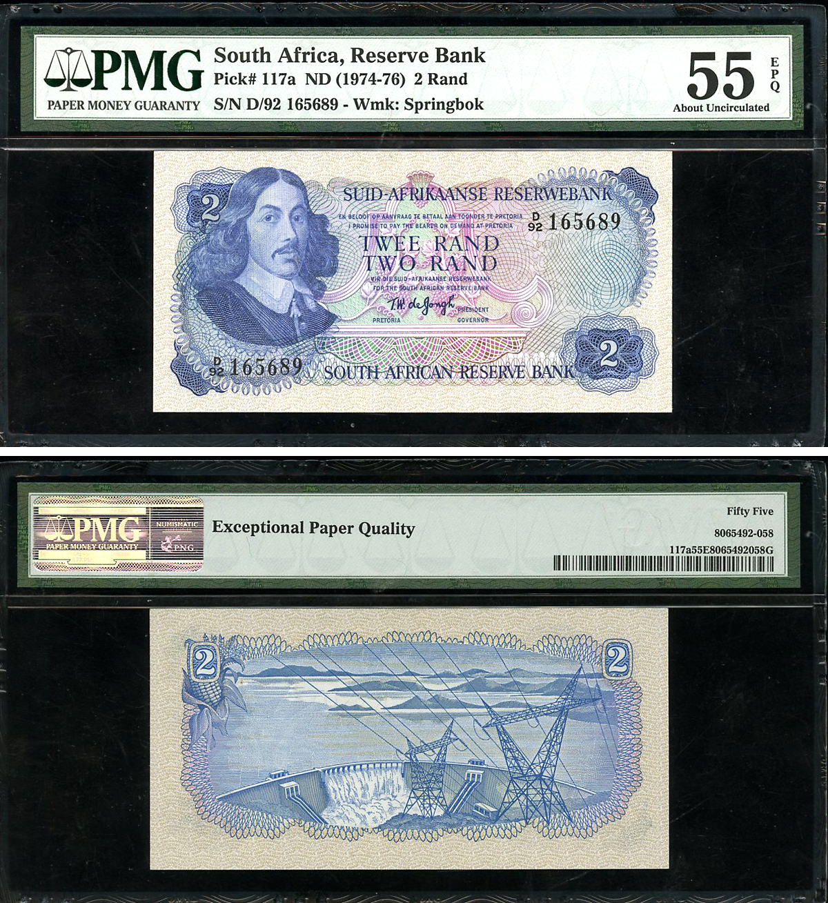 ЮАР 2 ранда ND (1974-76) Бартоломеус Вермуйден, ГЭС Гариеп, африкаанс-английский, в слабе PMG 55 About Uncirculated Pick 117 a бумага  aUNC  452-1-23