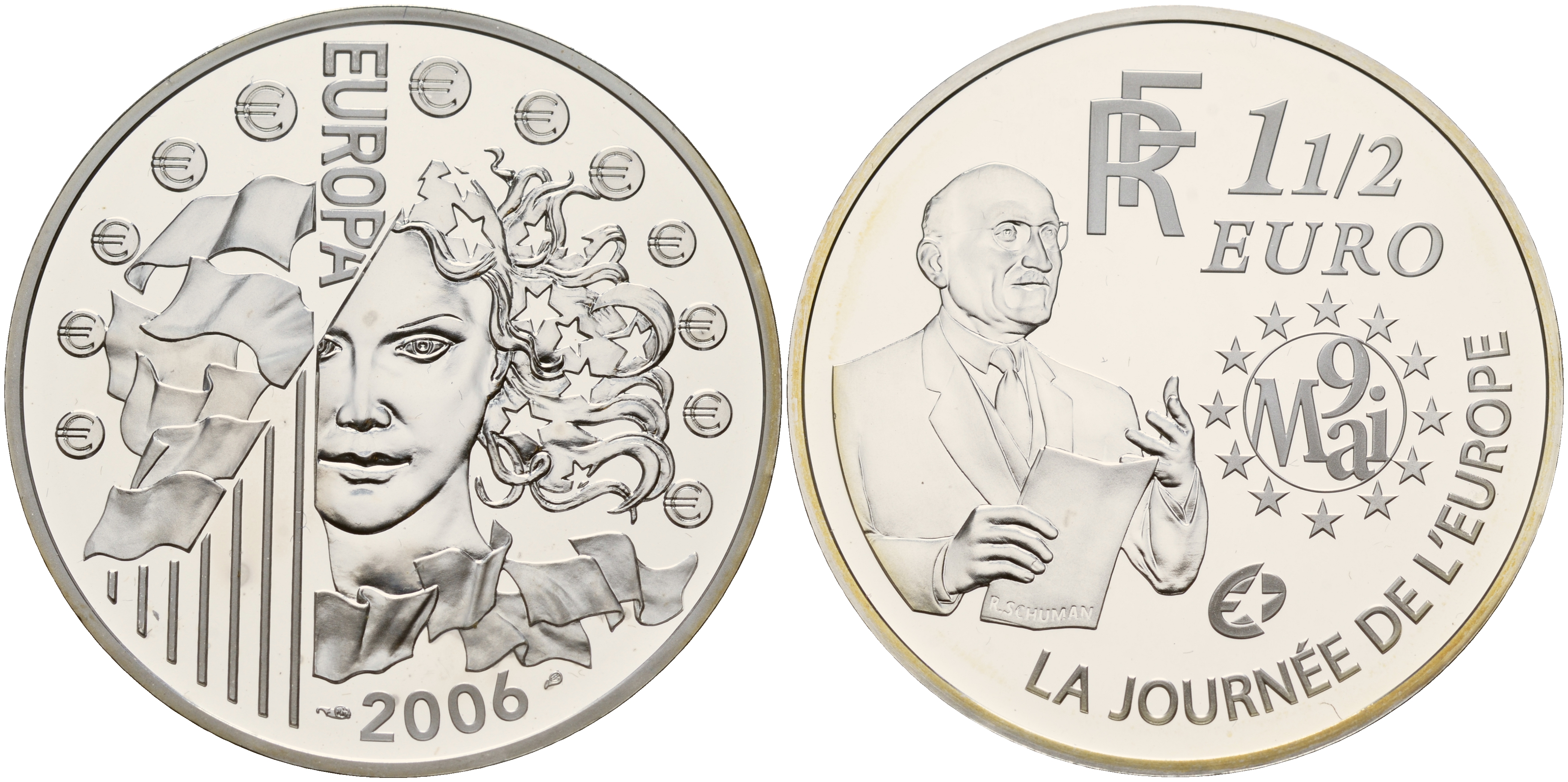 Франция 1 1/2 евро 2006 Декларация Шумана, день Европы 9 мая 1950 года, в оригинальной коробке, с сертификатом KM 2037 серебро PROOF 5-6-4-18